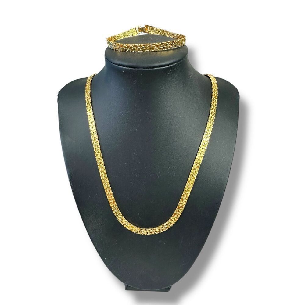 Vintage Gold Tone Crinkle Flat Square Chain Necklace & Bracelet Set 80s Costume